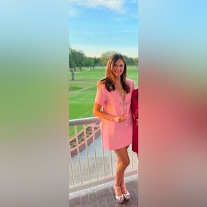 AREA: Size Medium Pink crystal bow v neck dress